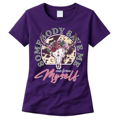 Vintage Cow Skull Somebody Save Me Me From Myself Womens T-Shirt