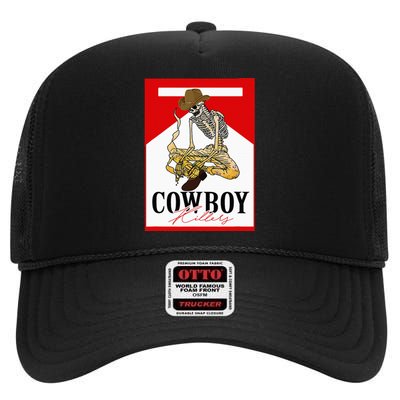 Vintage Cowboy Skull Smoking Cigarette Rodeo High Crown Mesh Back Trucker Hat