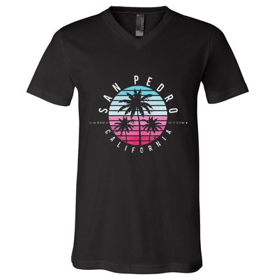 Vintage California San Pedro Ca Beach Gps Coordinate V-Neck T-Shirt