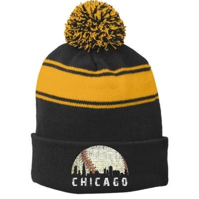 Vintage Chicago Skyline City Baseball  Stripe Pom Pom Beanie