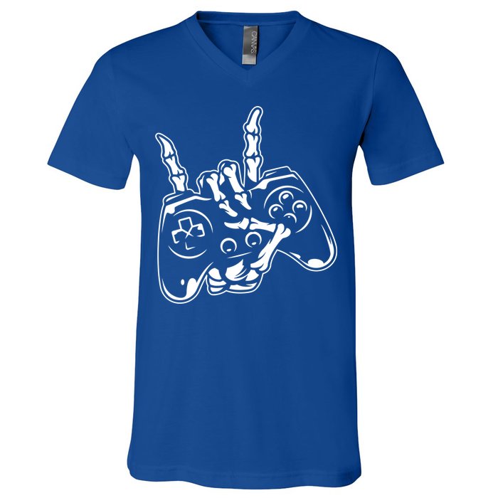 Videogame Controller Skeleton Hand Lazy Halloween Costume Gift V-Neck T-Shirt