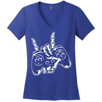Videogame Controller Skeleton Hand Lazy Halloween Costume Gift Women's V-Neck T-Shirt