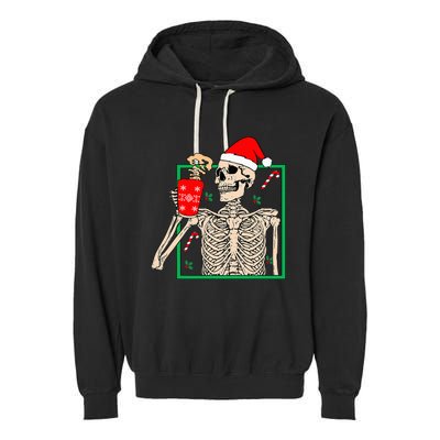 Vintage Christmas Skeleton Santa Drinking Christmas Coffee Garment-Dyed Fleece Hoodie