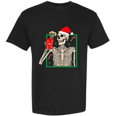 Vintage Christmas Skeleton Santa Drinking Christmas Coffee Garment-Dyed Heavyweight T-Shirt