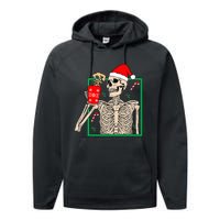 Vintage Christmas Skeleton Santa Drinking Christmas Coffee Performance Fleece Hoodie