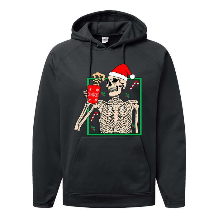 Vintage Christmas Skeleton Santa Drinking Christmas Coffee Performance Fleece Hoodie