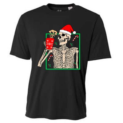 Vintage Christmas Skeleton Santa Drinking Christmas Coffee Cooling Performance Crew T-Shirt