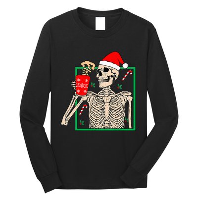 Vintage Christmas Skeleton Santa Drinking Christmas Coffee Long Sleeve Shirt