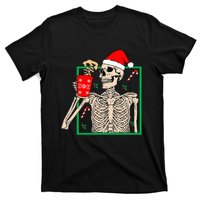 Vintage Christmas Skeleton Santa Drinking Christmas Coffee T-Shirt