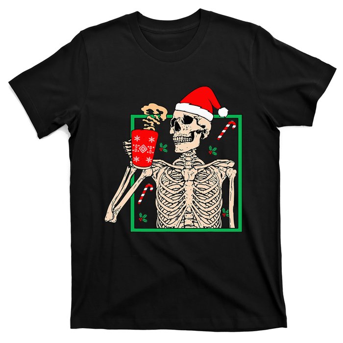 Vintage Christmas Skeleton Santa Drinking Christmas Coffee T-Shirt