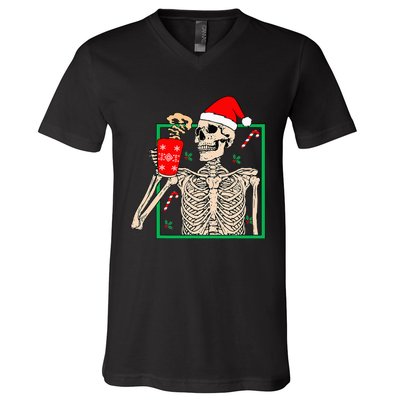 Vintage Christmas Skeleton Santa Drinking Christmas Coffee V-Neck T-Shirt