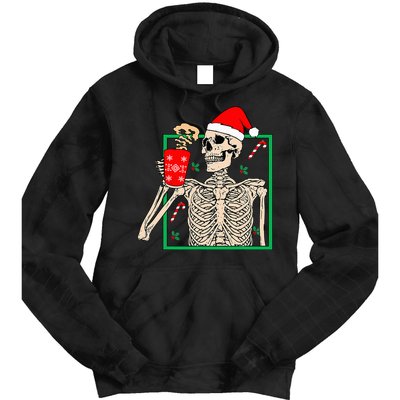 Vintage Christmas Skeleton Santa Drinking Christmas Coffee Tie Dye Hoodie