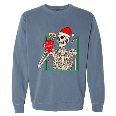 Vintage Christmas Skeleton Santa Drinking Christmas Coffee Garment-Dyed Sweatshirt