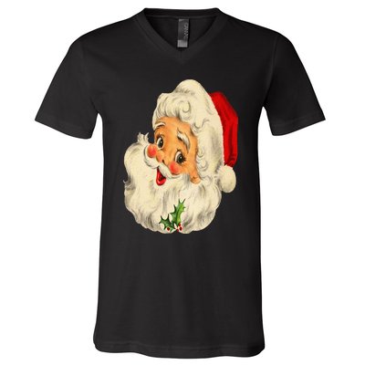 Vintage Christmas Santa Claus Face Funny Old Fashioned V-Neck T-Shirt