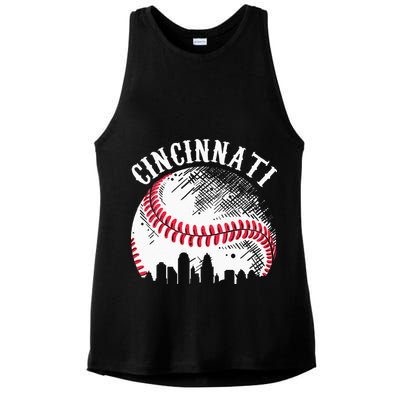 Vintage Cincinnati Skyline City Baseball Tee Met At Gameday Ladies PosiCharge Tri-Blend Wicking Tank