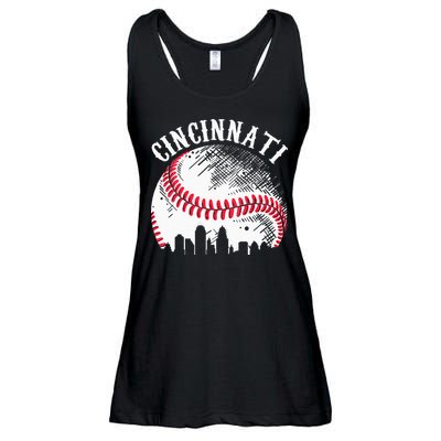 Vintage Cincinnati Skyline City Baseball Tee Met At Gameday Ladies Essential Flowy Tank