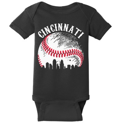 Vintage Cincinnati Skyline City Baseball Tee Met At Gameday Baby Bodysuit