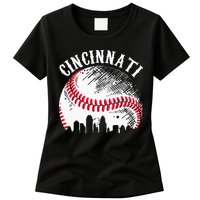 Vintage Cincinnati Skyline City Baseball Tee Met At Gameday Womens T-Shirt