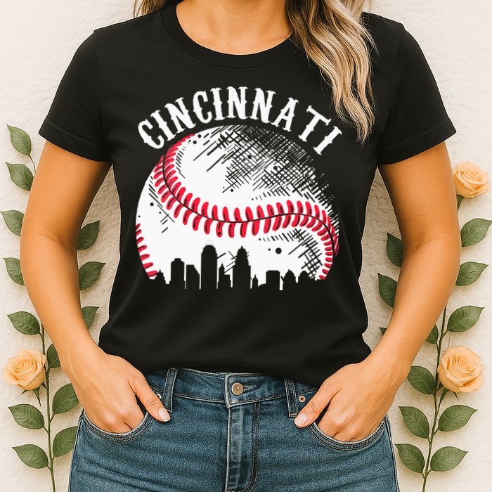 Vintage Cincinnati Skyline City Baseball Tee Met At Gameday Womens T-Shirt