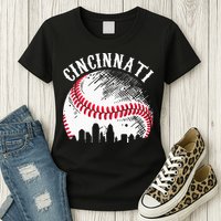 Vintage Cincinnati Skyline City Baseball Tee Met At Gameday Womens T-Shirt