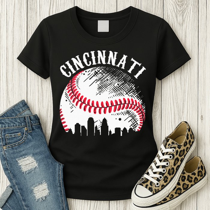 Vintage Cincinnati Skyline City Baseball Tee Met At Gameday Womens T-Shirt