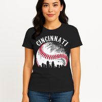 Vintage Cincinnati Skyline City Baseball Tee Met At Gameday Womens T-Shirt