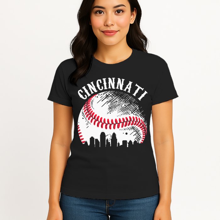 Vintage Cincinnati Skyline City Baseball Tee Met At Gameday Womens T-Shirt