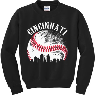 Vintage Cincinnati Skyline City Baseball Tee Met At Gameday Kids Sweatshirt