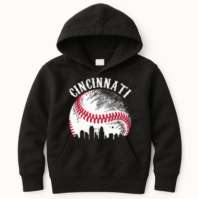 Vintage Cincinnati Skyline City Baseball Tee Met At Gameday Kids Hoodie