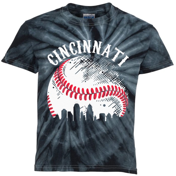 Vintage Cincinnati Skyline City Baseball Tee Met At Gameday Kids Tie-Dye T-Shirt