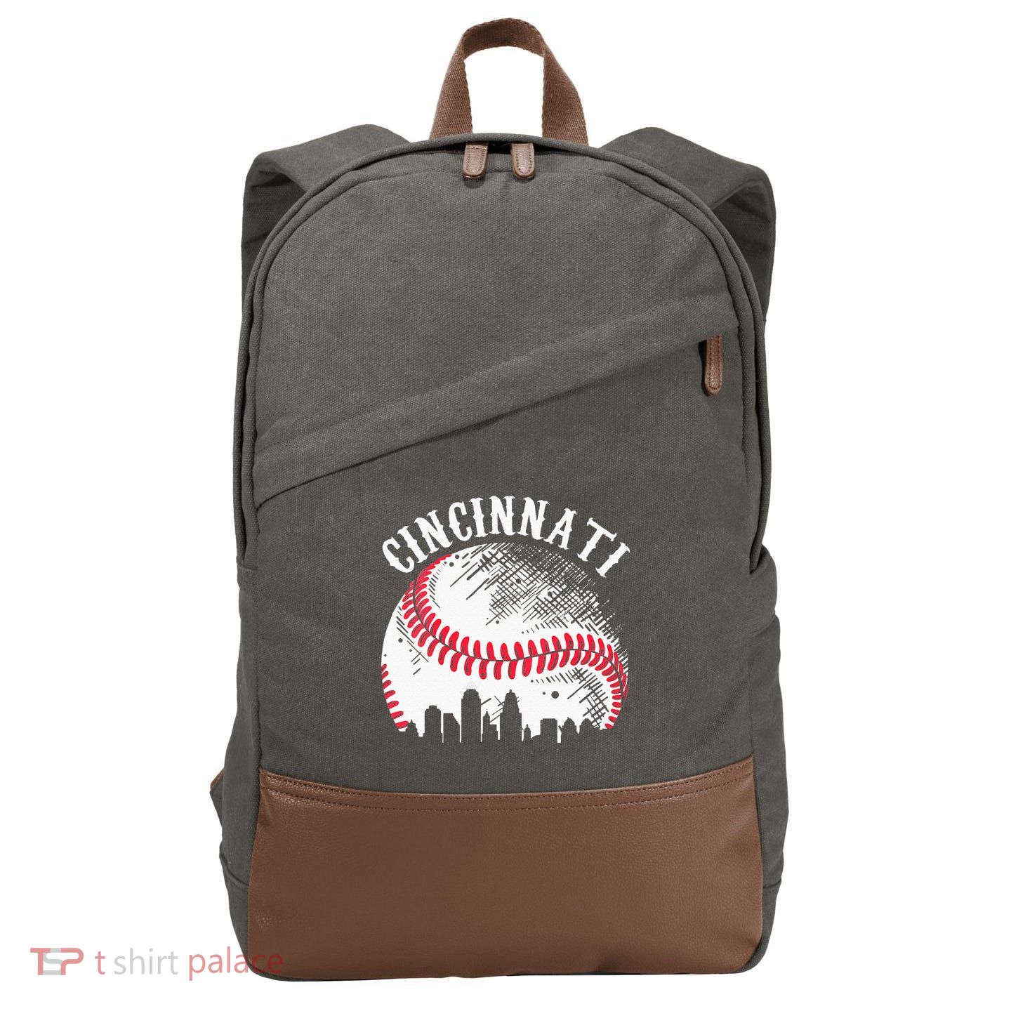 Vintage Cincinnati Skyline City Baseball Tee Met At Gameday Cotton Canvas Backpack