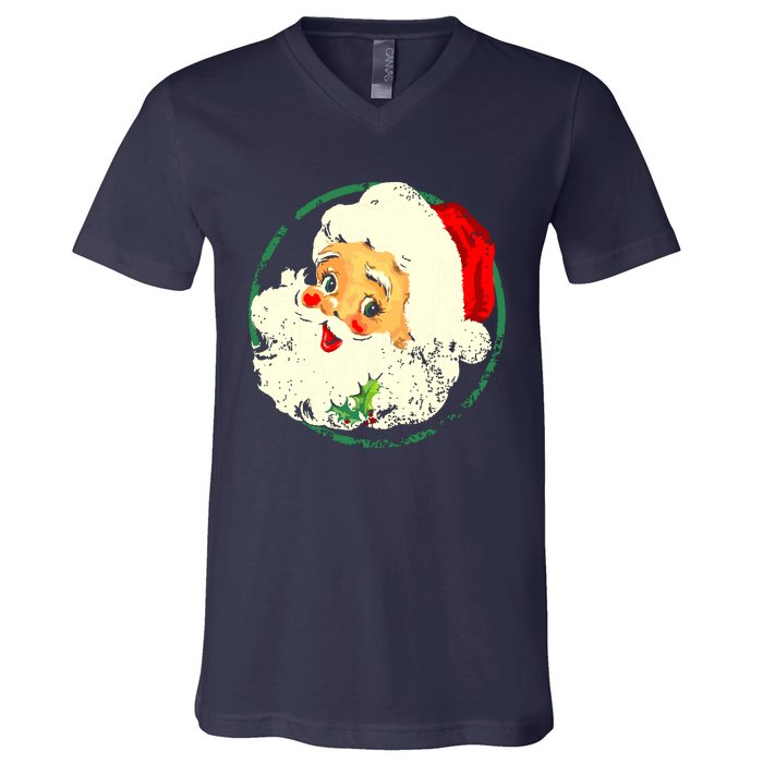 Vintage Christmas Santa Claus Face Old Fashioned V-Neck T-Shirt