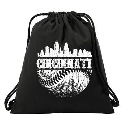 Vintage Cincinnati Skyline City Baseball Met At Gameday Drawstring Bag