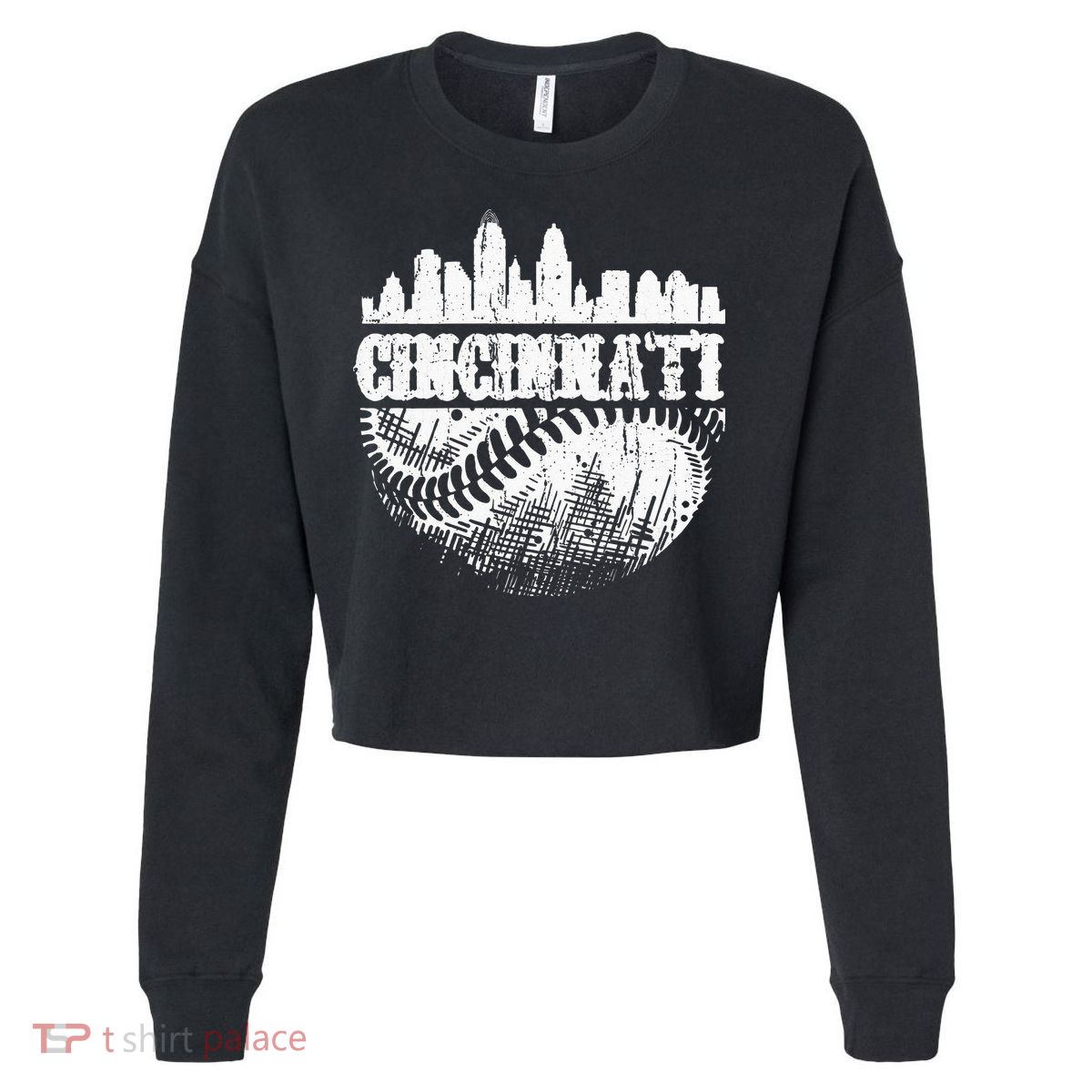 Vintage Cincinnati Skyline City Baseball Met At Gameday Cropped Pullover Crew
