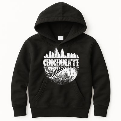 Vintage Cincinnati Skyline City Baseball Met At Gameday Kids Hoodie