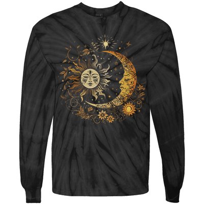 Vintage Celestial Sun Moon Flower Astrology Moon Phases Tie-Dye Long Sleeve Shirt