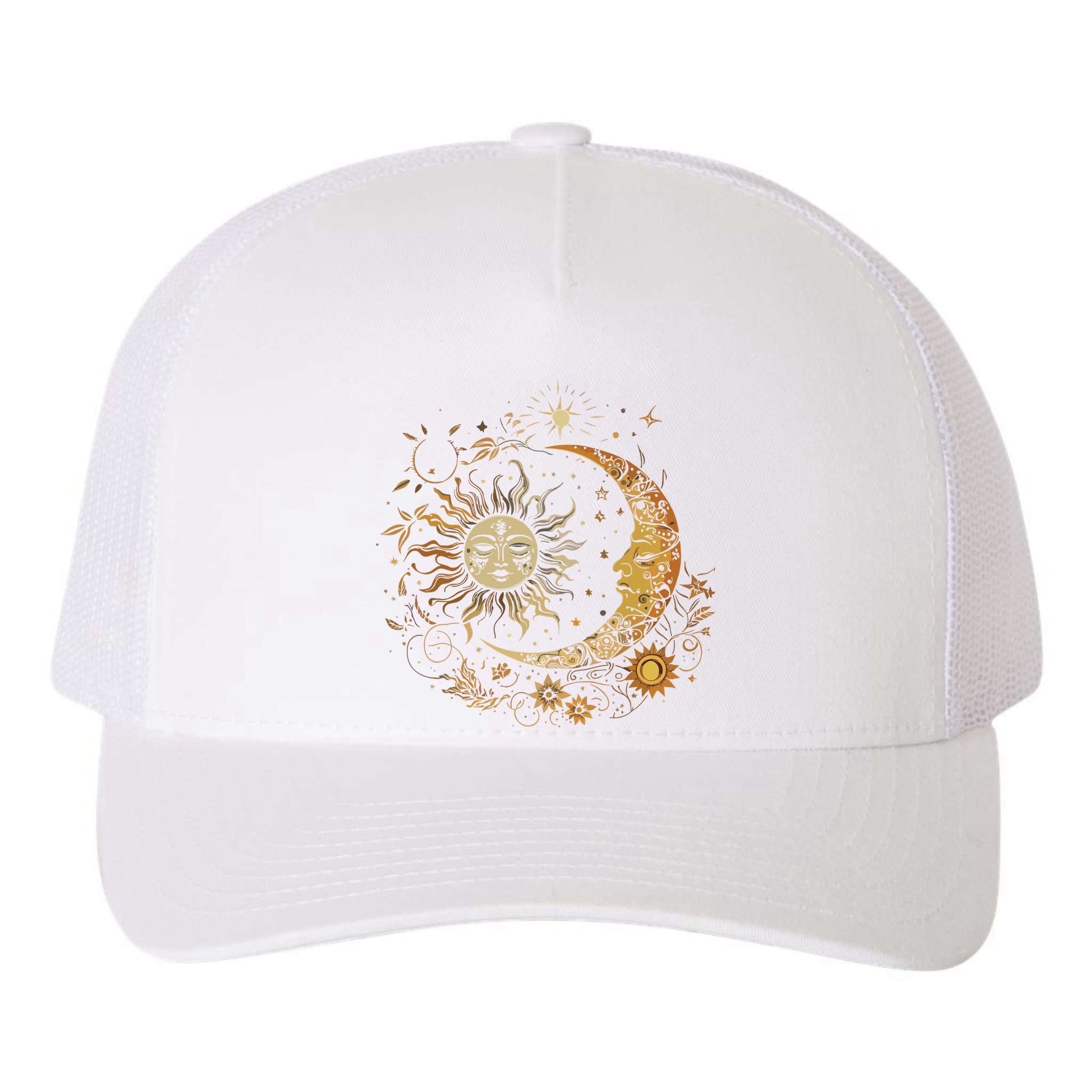 Vintage Celestial Sun Moon Flower Astrology Moon Phases Yupoong Adult 5-Panel Trucker Hat