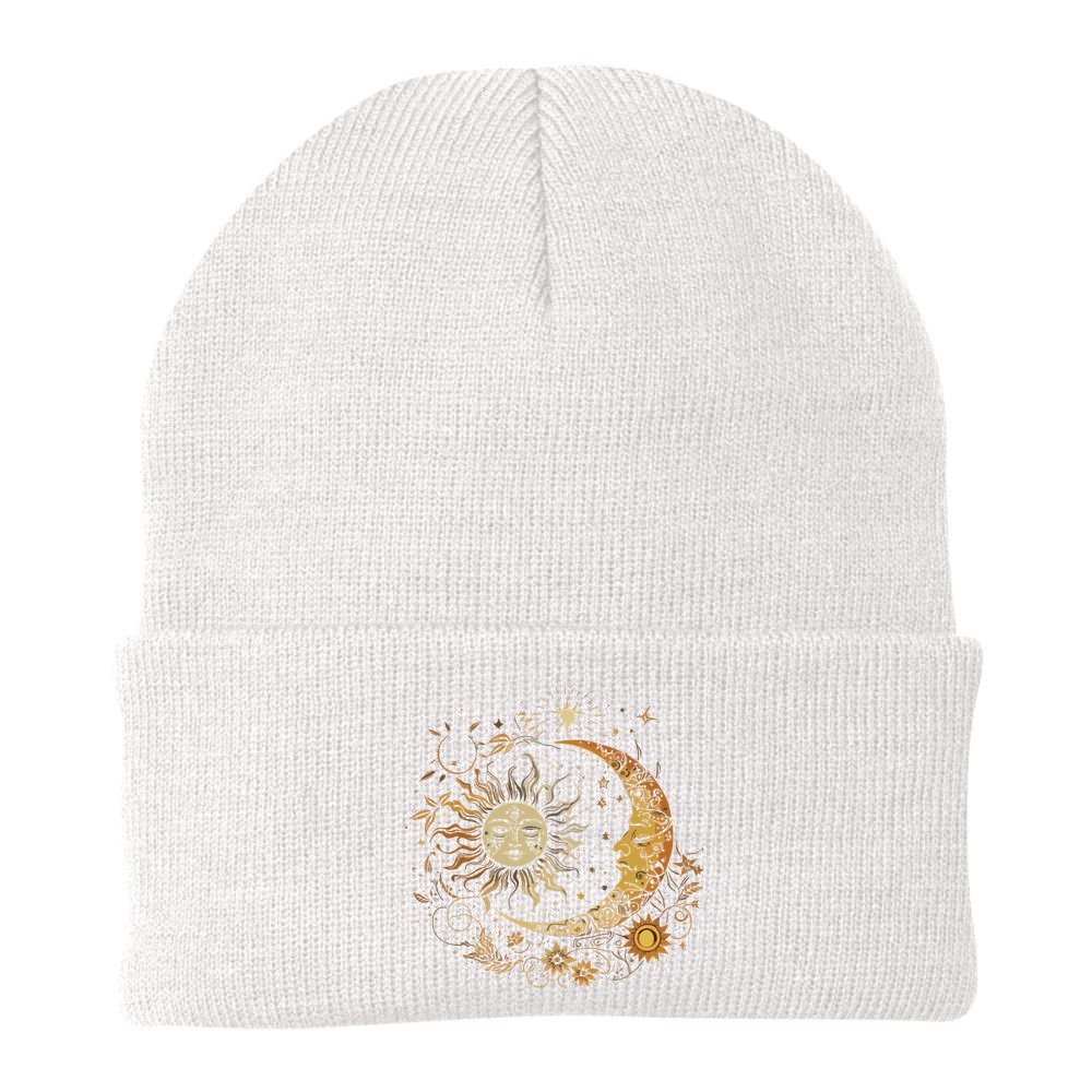 Vintage Celestial Sun Moon Flower Astrology Moon Phases Beanie