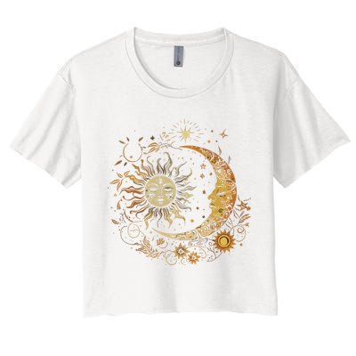 Vintage Celestial Sun Moon Flower Astrology Moon Phases Crop Top