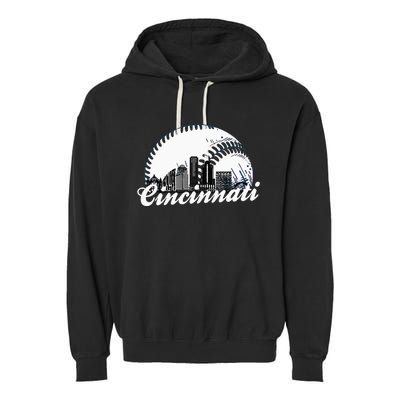 Vintage Cincinnati Skyline City Baseball Met At Gameday Garment-Dyed Fleece Hoodie