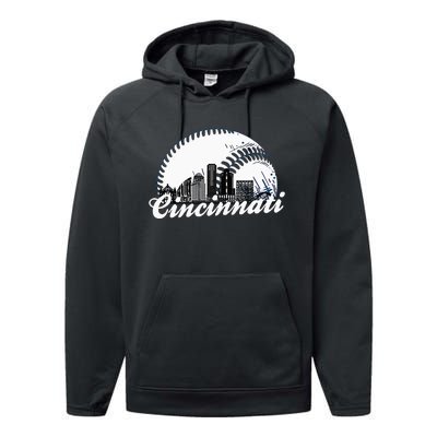 Vintage Cincinnati Skyline City Baseball Met At Gameday Performance Fleece Hoodie