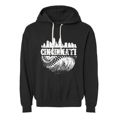 Vintage Cincinnati Skyline City Baseball Met At Gameday Garment-Dyed Fleece Hoodie