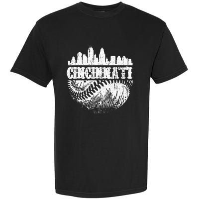 Vintage Cincinnati Skyline City Baseball Met At Gameday Garment-Dyed Heavyweight T-Shirt