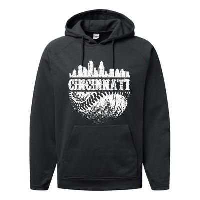 Vintage Cincinnati Skyline City Baseball Met At Gameday Performance Fleece Hoodie