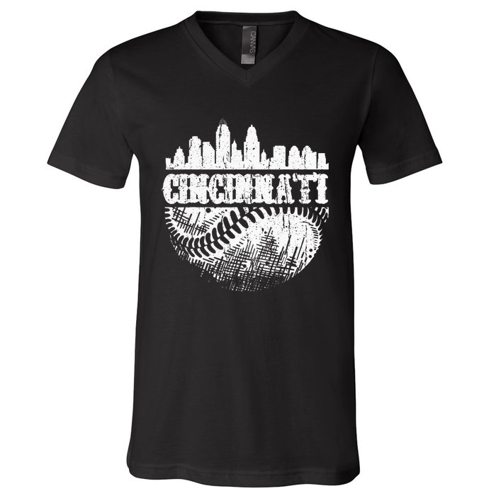 Vintage Cincinnati Skyline City Baseball Met At Gameday V-Neck T-Shirt