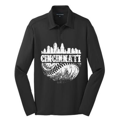 Vintage Cincinnati Skyline City Baseball Met At Gameday Silk Touch Performance Long Sleeve Polo