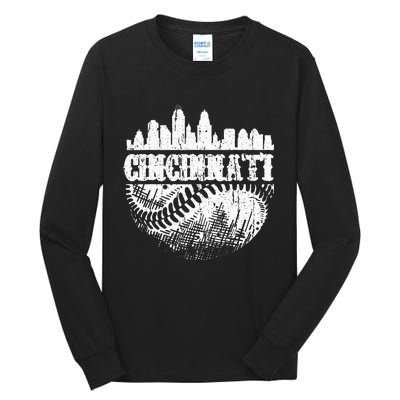 Vintage Cincinnati Skyline City Baseball Met At Gameday Tall Long Sleeve T-Shirt