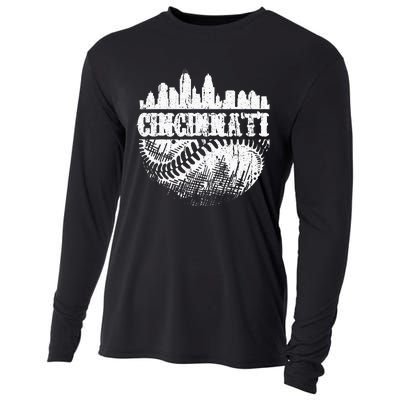 Vintage Cincinnati Skyline City Baseball Met At Gameday Cooling Performance Long Sleeve Crew