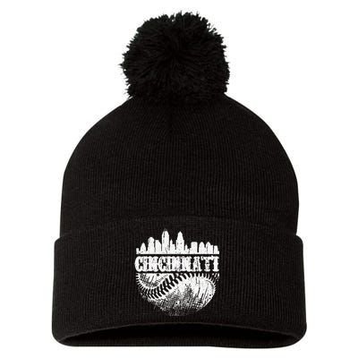 Vintage Cincinnati Skyline City Baseball Met At Gameday Pom Pom 12in Knit Beanie