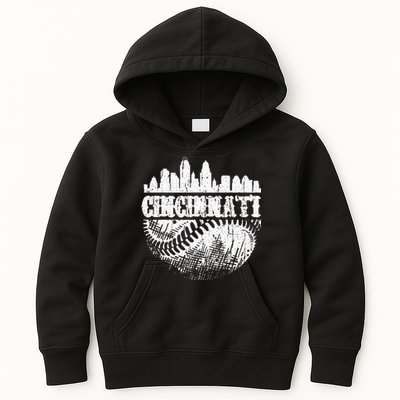 Vintage Cincinnati Skyline City Baseball Met At Gameday Kids Hoodie